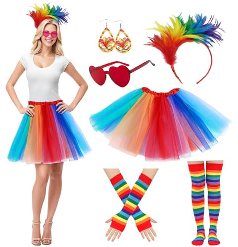 Regenbogen Kostüm Damen, Tüllrock Regenbogen Kleid 80er Jahre Kostüm Bunt Rock Outfit Regenbogen Haarreif Socken Sonnenbrille Handschuhen für Karneval Faschingskostüme Mottoparty(Regenbogen 1)