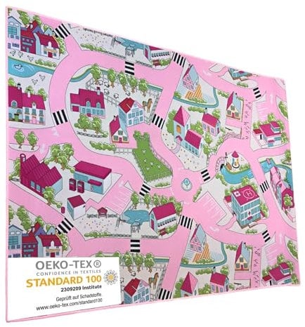 Entrando Spielteppich Rosa Straße 133x190 cm - XXL Kinderteppich für Mädchen mit Stadtmotiv - weicher Auto Teppich rutschfest & schadstofffrei - perfekt fürs große Kinderzimmer