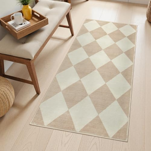 Beeiva Karierter, waschbarer Läufer für Flur, 5 x 10 cm, ultradünn, beige, kleine Teppiche für den Eingangsbereich, niedriger Flor, Rutschfester Badezimmerteppich, marokkanisch, neutral, für Küche