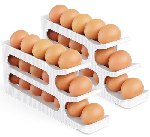 Egg Holder Storage, 3 Tiers Space Saving Automatically Rolling Egg Dispenser Container Tray for Fridge Organiser, Kitchen - 2 Pack