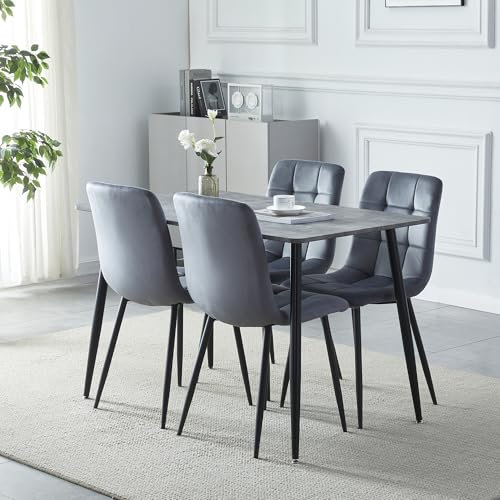 YULU Essgruppe Set Tisch und Stühle, Esstisch mit 4 Stühlen Moderner Küchentisch Set modern Essgruppe mit 4 Stühlen aus Samt Schwarzer Tisch und Stuhlbeine für Küche Esszimmer Wohnzimmer (Dunkelgrau)