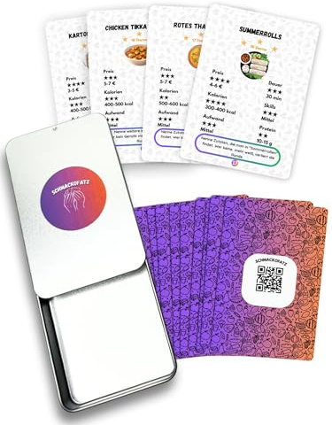 Schmackofatz Rezeptkarten – Lustiges Kochspiel & Partyspiel für Paare & Freunde – Familienspiel & Kochbuch für Genießer - Geschenk für Männer & Frauen – Rezeptkarten mit QR-Code – 30 Spielkarten