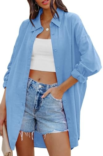 Cicy Bell Camicetta Oversize da Donna Camicie a Maniche Lunghe Button Down T-Shirt Casual in Cotone con Tasche