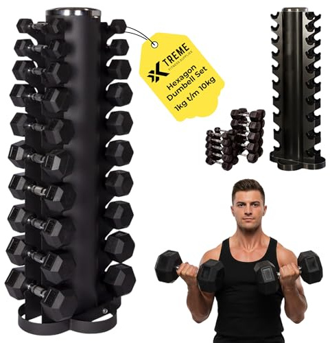 Hexagon Hantel Set 1-10 kg mit Hantelturm, Komplettes Hantelset mit Ständer mit 10 Paar Hex Hanteln, Kompakter Kurzhantel Ständer für Home Gym und Studio