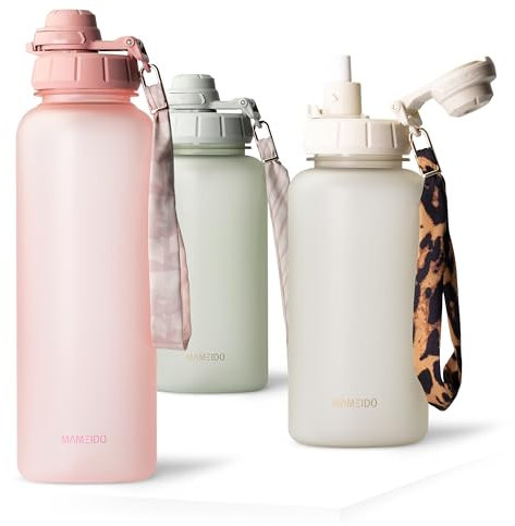 MAMEIDO Gourde 1,5l avec Paille & Marqueur de Temps de Motivation, Gourde Sport avec Dragonne, Gourde Enfant étanche, Bouteille d'eau sans BPA, Water Bottle (Flamingo Pink, 1500ml)