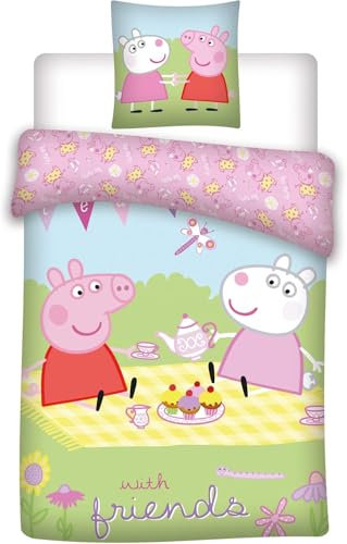 Peppa Pig Friends Kinderbett-Bettwäsche-Set, wendbar, Junior-Bettbezug 100 x 140 cm und Kissenbezug 40 x 45 cm, 100% Baumwolle