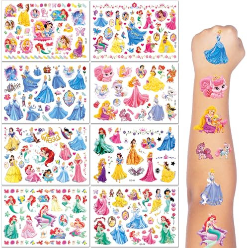 Tattoo Kinder, 8 Blätter Prinzessin Temporäre Tattoo Aufkleber Set für Jungen Mädchen Kindertattoos Wasserdicht für Geburtstagsgeschenke Kindergeburtstag Mitgebsel Party Deko