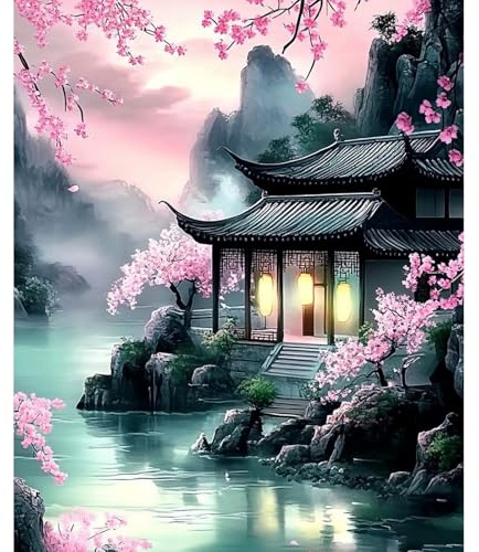 NEWENMO Arquitectura China Pintar por Numeros Adultos,Flores de Cerezo Pintura por Numeros Kit,Easy Paint by Numbers Adult,con 3 Pinceles y Pigmento Acrílico,Decoración para Hogar,Sin Marco-40x50cm