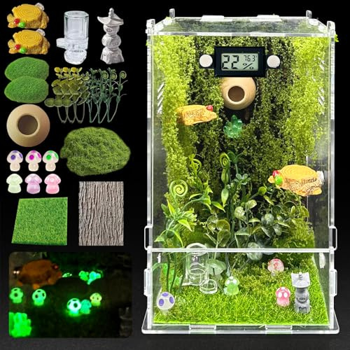 Jumping Spider Enclosure,DIY Insects Habitat,Small Reptile Terrarium Glass House Accessories Set,with Temperature and Humidity Detector Water Feeder Platform Hide,5.5“x5.5”x9.5“ (Forest)