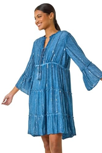 Roman Originals Smock Dress for Women UK Ladies Cotton Summer Embroidered Frilled Tiered Casual Beach Cruise Holiday Cocktail Party 3/4 Sleeve Pull On Gathered Skirt Denim