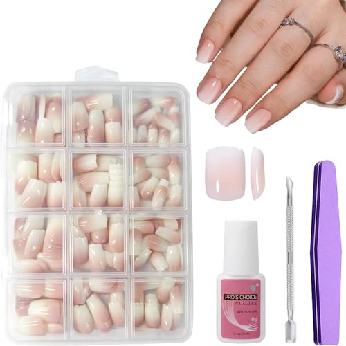 Square False Nails Set - 240Pcs Natural Gradient Pink Fake Nails - 240Pcs Natural Gradient Pink Fake Nails with Glue - 12 Sizes Glossy Full Cover Stick on Nail for Women Girls Manicure Art