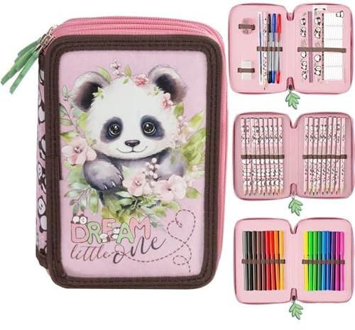 Ragusa-Trade Panda Pandabär Bärchen, 3-Fach Federtasche Federmappe, 44 TLG. gefüllt für Kinder Jungen Mädchen, rosa, 20 x 13 x 7 cm
