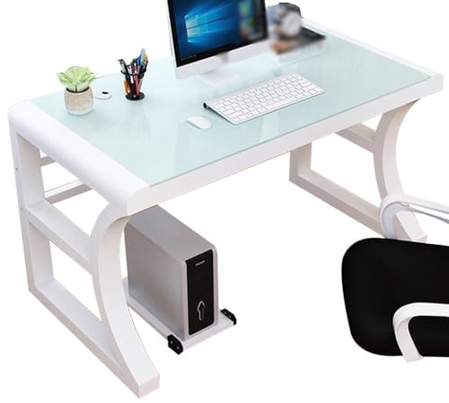 Großer Schreibtisch Aus Gehärtetem Glas – Büro-Computertisch Mit C-förmigem Rahmen, Praktischer Minimalistischer Arbeitsplatz(White Color,100 * 60 * 75cm)