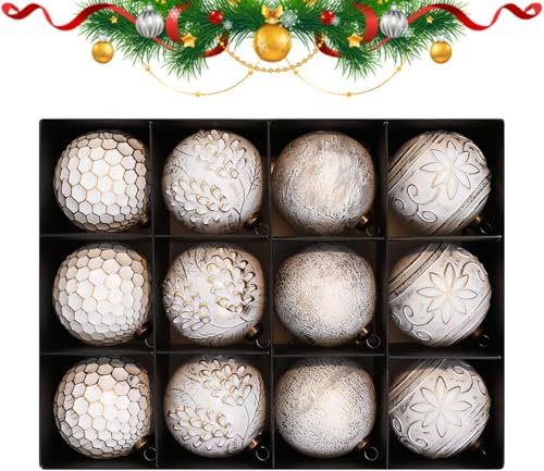 Weihnachtsbaumkugeln,12 Stück Weiße Und Goldene Weihnachtsdekoration Für Den Winter - Weiße Und Goldene Weihnachtskugeln Dekoration,Für Die Dekoration Von Geländer Fenster Verlobung Laden