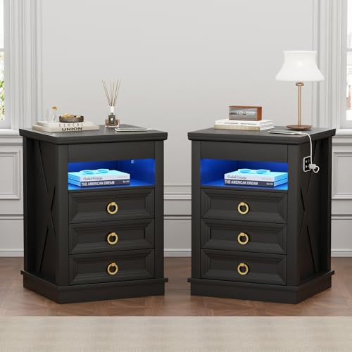 Gurexl Nachtschrank 2er Set - mit LED Beleuchtung und Abschließbare Schubladen,Landhausstil Nachttisch mit Ladefunktion,Bedside Table mit offene Fächer USB Type-C für Schlafzimmer,Schwarz