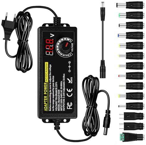 24V 3A 72W Universal Netzteil, Einstellbares Netzteil Adapter, Netzadapter mit LED Spannungsanzeige und 14 Spitzen, Verstellbarer Netzadapter 100V-240V AC to DC für Laptop Router Hobby Elektronik