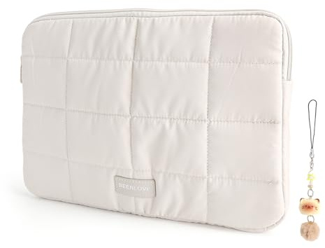 Housse Ordinateur Portable 14 Pouces Beige - Housse légère avec Doublure Peluche Douce, Tissu déperlant et Anti-Rayures, Pochette Fine pour Les trajets, avec Porte-clés Chat en Peluche