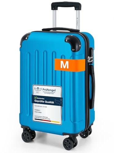 YONSLY Gepäck Suitcase Reisekoffer, Kabinenkoffer, Trolley Rollkoffer Handgepäck, Hartschalenreisekoffer mit 360° Lenkrollen, Zahlenschloss, Mehrstufiger Teleskopgriff (M, Blau)