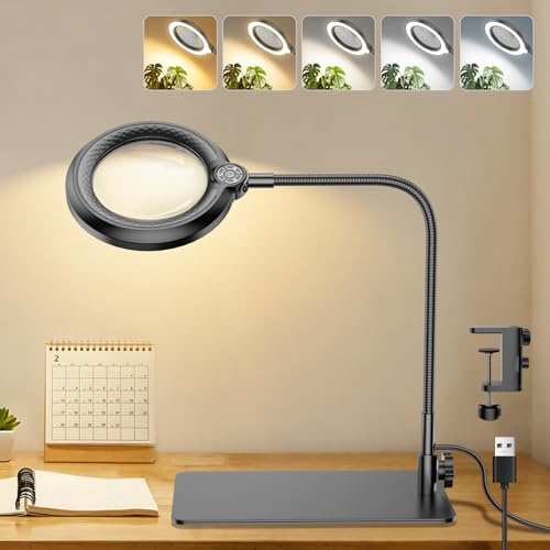Nazano 10X Lupe mit Licht und Ständer, 2-in-1 Tischklemme | 90 LEDs, 5 Farbmodi, 10 Helligkeitsstufen, flexibler Schwanenhals, kippsichere Basis, Senioren Lesen, Handwerk, Basteln