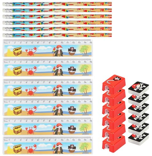 com-four® 24-teiliges Kinder-Schreibset Pirat - Schulutensilien mit Bleistift, Lineal, Anspitzer und Radiergummi für 6 Kinder - Partypack als Mitgebsel für Kindergeburtstag (24-teilig - Pirat)