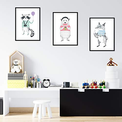 Nacnic Set of 3 Posters for Children and Children's Room Scandinavian Style Frameless Fun Size A4Animales