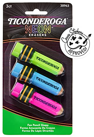 Ticonderoga Pencil Shaped Erasers, Neon Colors, 3 Count