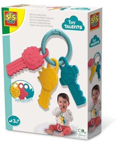SES Creative | Sensorische Schlüssel für Babys ab 3 Monaten | 3 Schlüssel für bunte Tiere mit unterschiedlichen Texturen | Motorik & Sensorik | Leicht zu reinigen | Babyspielzeug Geschenk zur Geburt