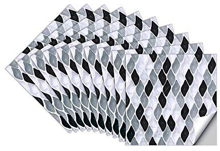 Hiseng 10pcs Kitchen Bathroom Wall Tile Stickers, DIY Square Decals Color Jade Printed Sticker for Kitchen Living Room Bathroom Home Decor Self-Adhesive (Black and White,15x15cm)