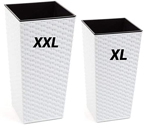 Lot de 2 pots de fleurs XL et XXL en plastique rotin de couleur : blanc avec insert amovible.