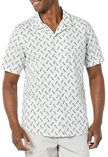 Amazon Essentials Men's Vacation Cotton Button-Down Resort Shirt, Short Sleeve, Light Blue Bird Print, L