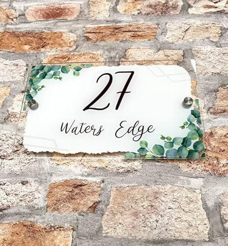 One of a Kind Design UK Personalised Eucalyptus House Sign, Eucalyptus Design, Personalised Address Plate, Clear Acrylic Front Plate, 240x150mm, UV Stable, Weather Resistant, Eucalyptus