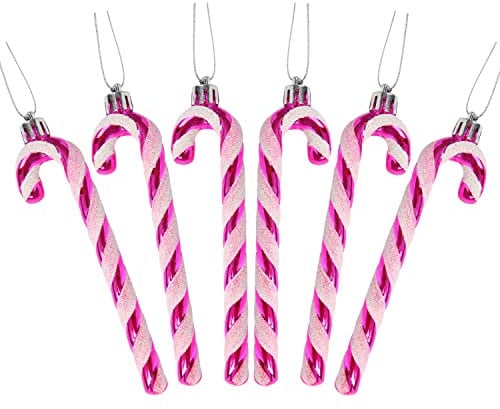 DERAYEE 6 PCS Christmas Glitter Candy Cane Plastic Candy Cane Christmas Tree Decorations for Xmas New Year Party Supplies (Hot Pink&White)…