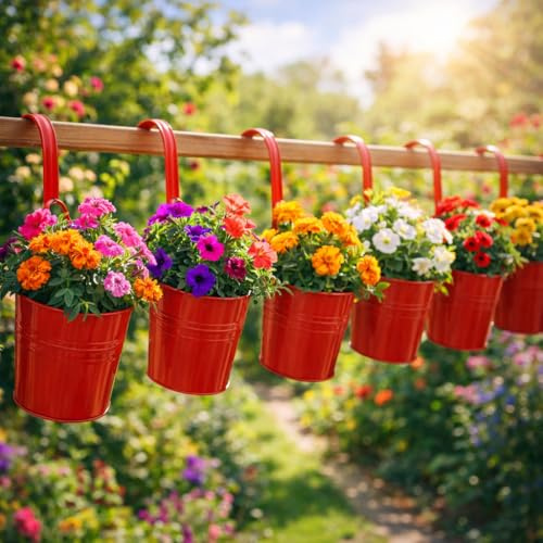 DRULINE 6er Set Blumentopf hängend - Hängetopf - Pflanztopf - Übertopf - Hängeblumentopf - Metall - Ø 13 cm - mit abnehmbaren Haken Rot Farben