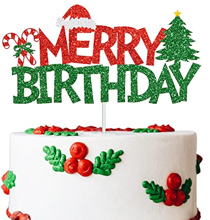 Merry Birthday Cake Topper Rot & Grün Glitzer Weihnachtsgeburtstagstorte Dekoration Weihnachten Geburtstagsfeier Kuchen Food Picks für Winter Oneaderland Weihnachten Geburtstag Babyparty Dekorationen