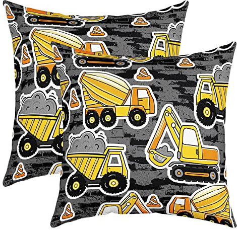 Homewish Ausrüstung LKW Kissenbezüge 50x50, Satz von 2 - Kinder Bagger Werfen für Haus Bett im Freien, Traktor Blender Baufahrzeug Dekorative Akzent, Gelb Grau