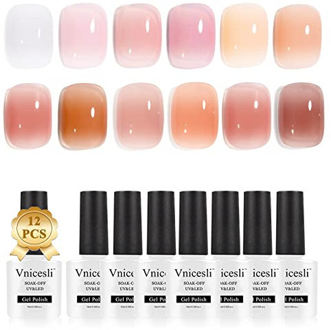 Vnicesli 12 Couleurs Vernis Semi Permanent Blanc Laiteux Transparent Rose Nude Vernis à Ongles Soak Off UV LED Naturelle Transparent Gelée de Cristal Vernis Gel UV Semi Permanent French Manucure