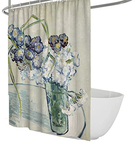 BYJING Art Dutch Impressionist Art Artwork Stoff Duschvorhänge Vase mit weißen Nelken Bild Maschine waschbar wasserdicht Moderner Badevorhang Dekor Beige 240x180cm