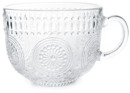 HOMLA Tasse Barrel Gemustertes Glas - Tassen für Tee, Kaffee - Interessante Form und Dezente Dekorelemente - Ergonomischer Griff - Hergestellt aus Dickem Glas - 450 ml