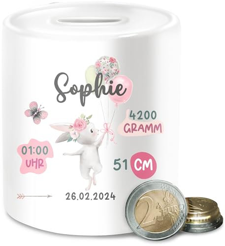 Spardose - Geburtsgeschenk Hase Maß Gewicht I Geschenk zur Geburt personalisiert - Unisize - Weiß - geldgeschenk personalisierte Baby Geschenke neugeboren größe spardosen Maedchen