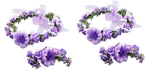FRCOLOR 4 Stück Hochzeit Haarband Brautkopfschmuck Für Die Hochzeit Lila Blumenkopfschmuck Stirnband Mit Blumenkranz Blumengirlande Blumenarmband Hochzeitskleid Fräulein Handblumen Violett