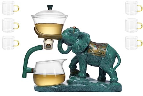 Mozeo Heat-resistant Kungfu Glass Tea Set with Heater Attract Water Diversion Rotating Cover Bowl Lazy Semi-Automatic Deer Glass Teapot (Elephant set)