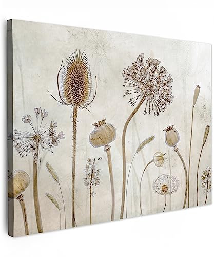 MuchoWow© Leinwandbild 80x60 cm Dekoration Wohnzimmer Bilder Aufhängen Wall Decoration Living Room Wohnungs Wanddeko Vintage Deko Moderne Blumen - Aquarell - Stillleben - Braun - Vintage