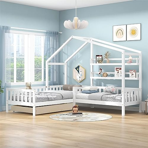 FEZTOY Kinderbett Hausbett mit Schubladen und Regalen, Massivholz Hausbett für 2 Kinder, L-Struktur Baumhaus Holzbett mit Zaun und Lattenrost, 90x200 cm+140x70cm, ohne Matratze (Weiß)