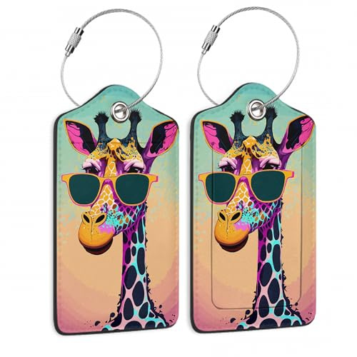 SKYDAWNY Gepäckanhänger aus Leder, 2 Stück, für Damen und Herren, lustige Giraffe, Sonnenbrillen, Koffer, Identifikatoren für Reisegepäck, Tasche mit Sichtschutz, Name, Adressetikett,