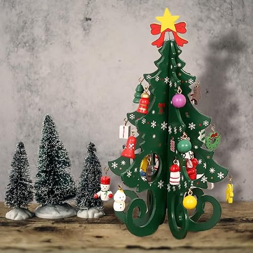 Adventskalender Mini Holz Künstliche Weihnachtsbäume mit 24 Anhänger Miniatur Tannenbaum Grün Mini Weihnachts Baum Klein Weihnachtsdeko für Tischdeko DIY Schaufenster Figuren (grün)