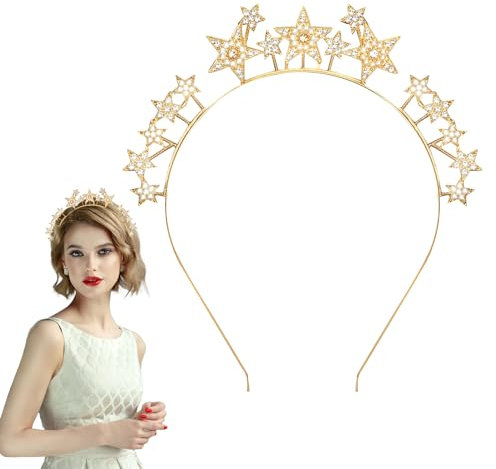 XIHIRCD Sternen Stirnband, Stern Halo Kronen Stirnband Strass Stern Stirnband Göttinnen Kopfschmuck Braut Haarschmuck Stern Strass Tiara für Frauen Mädchen Hochzeitsfeier (Golden)
