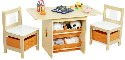 Vilaxing Kindertisch- und Stuhl-Set (2 Stühle im Lieferumfang enthalten), Schreibtischgruppe aus Holz mit 6 Aufbewahrungsbehältern, Kindermöbel, wasserabweisend (Natur)