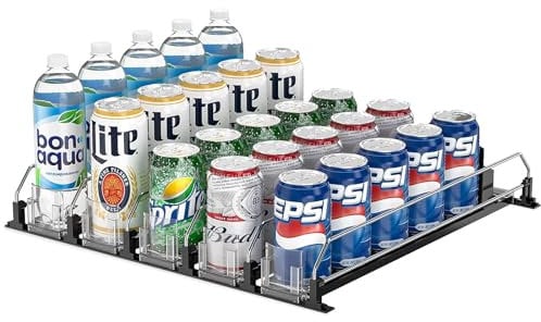 Mutool Fridge Drink Dispenser, Automatic Can Dispenser Storage 25 Standard Size Cans, Width Adjustable Drink Dispenser Self Pushing Can Holder for Fridge, Kitchen, Supermarkets, Cabinet, 5 Rows, Black