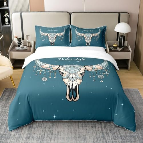 richhome Exotische Kuh Schädel 100% Baumwolle Bettbezug, Retro Boho Bettbezug, Exotische Ethnische Mystery Galaxy Bettbezug mit 1 Kissenbezug 135x200