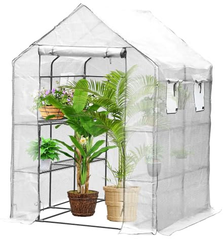 Ikodm Gewächshaus Foliengewächshaus mit 8 Regalen und Fliegengitter, Gewächshaus Tomatengewächshaus 143x143x195CM, Foliengewächshaus Winterfest und Wasserdicht, Pflanzenhaus, Weiß